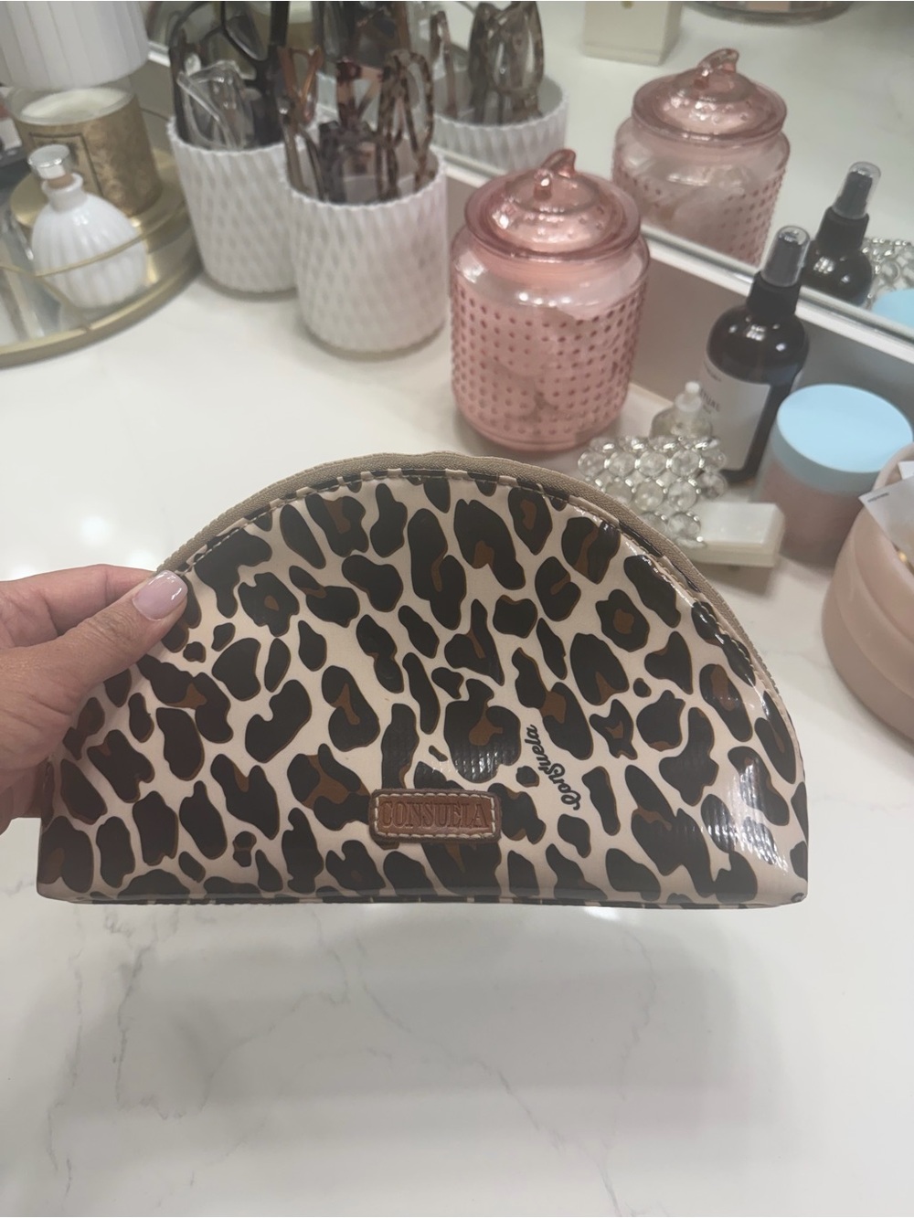 Consuela Leopard Print Dome Cosmetic Bag - Brown, Black, Cream